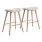 26" Contemporary Counter Stool in White Washed Wood and Cream Fabric with Gold Metal  - Set of 2
