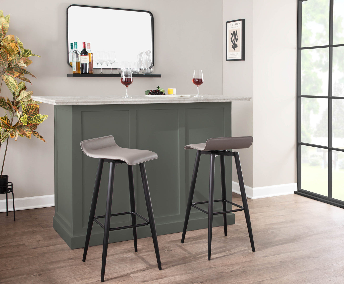 Contemporary Fixed-Height Bar Stool in Black Steel and Grey Faux Leather  - Set of 2
