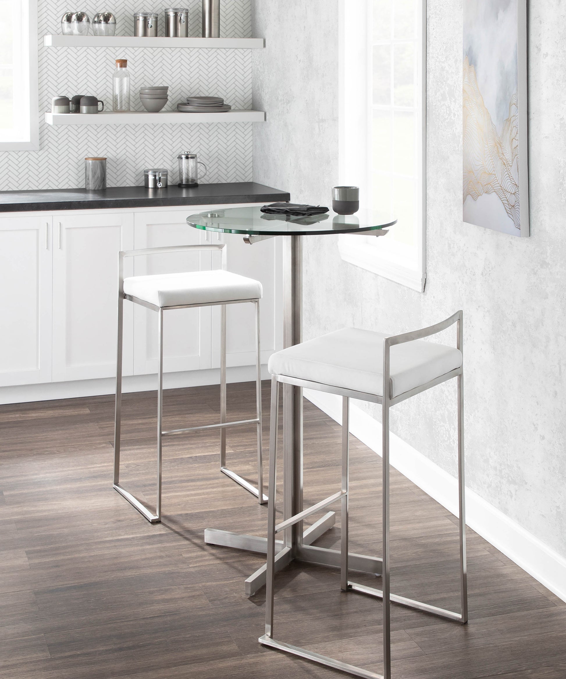 Contemporary Stackable Barstool in Stainless Steel with White Velvet Cushion  - Set of 2