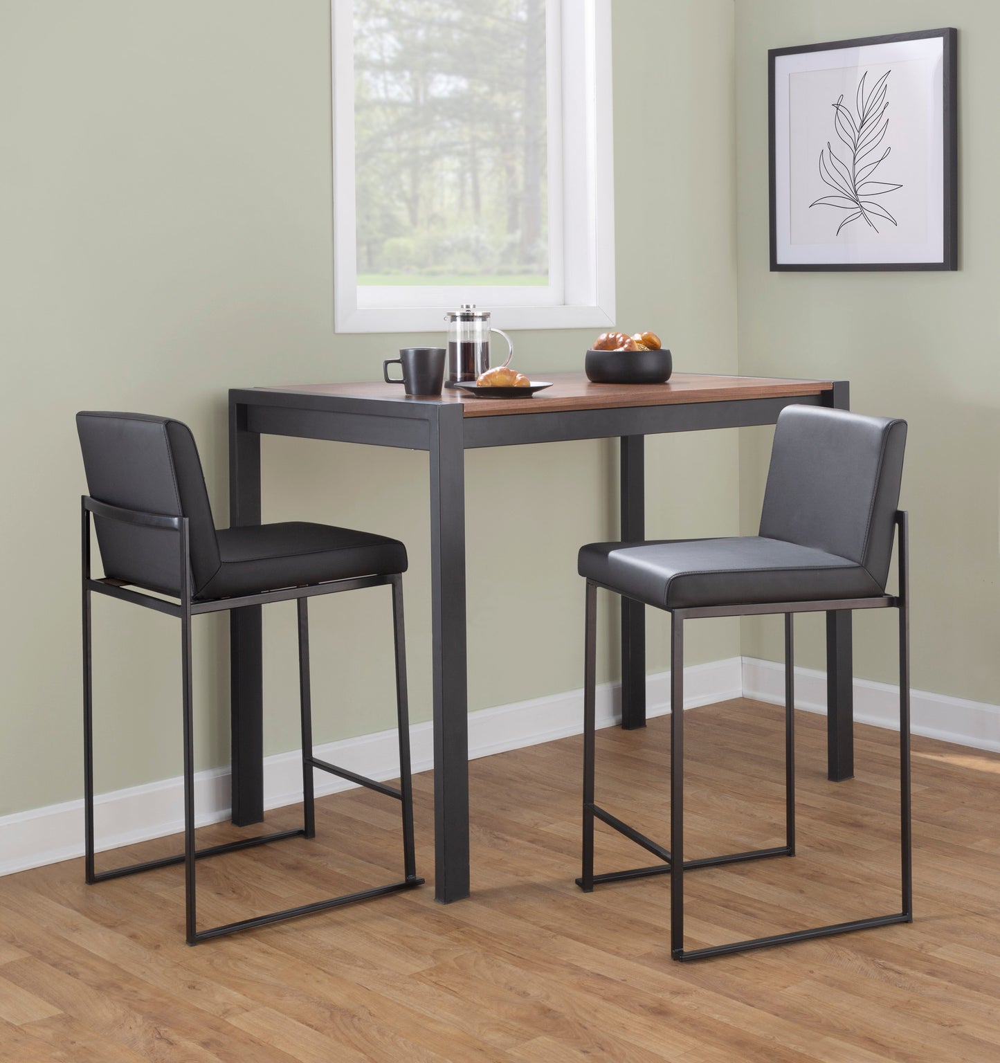 Contemporary High Back Barstool in Black Steel and Black Faux Leather  - Set of 2