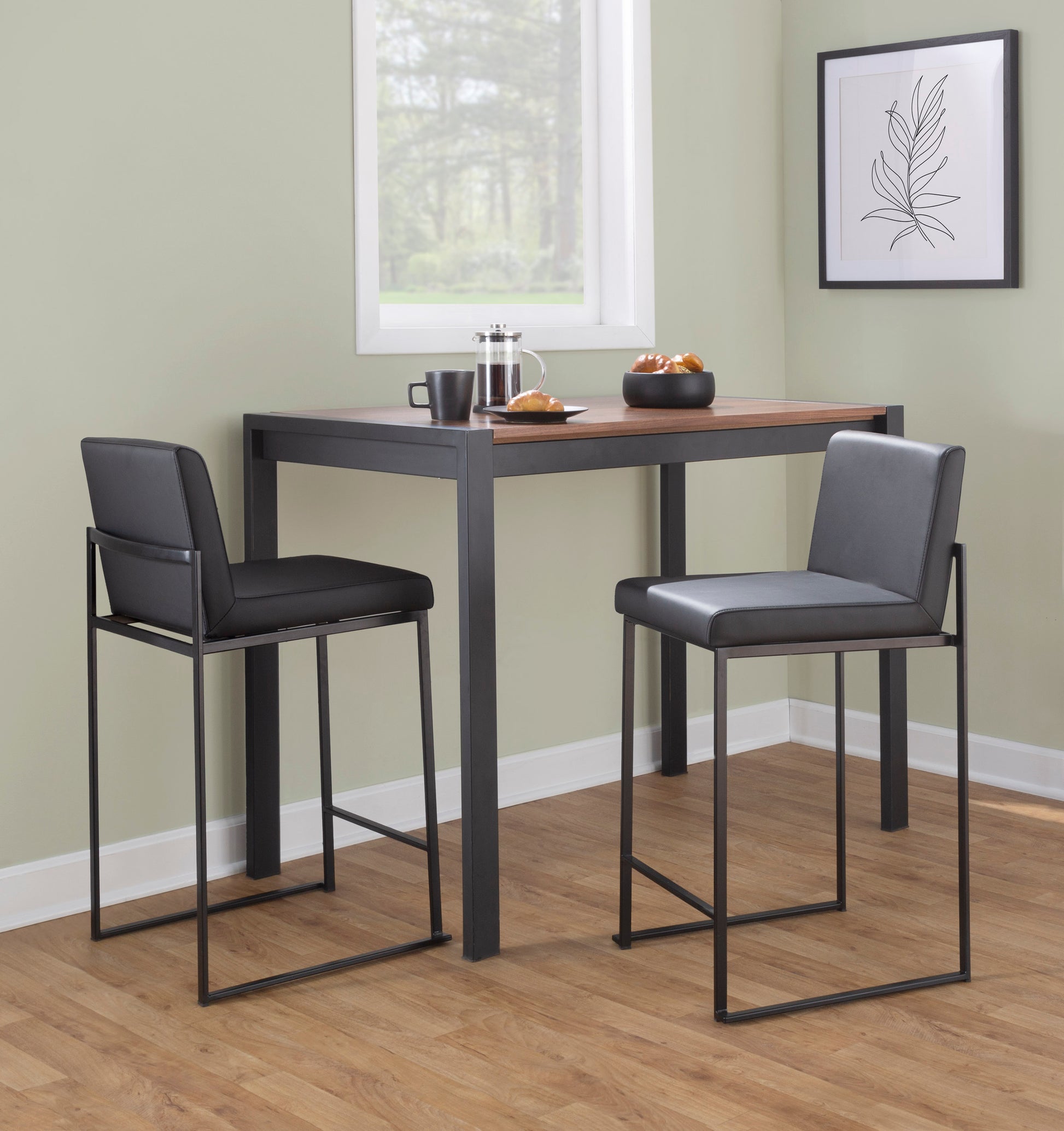 Contemporary High Back Barstool in Black Steel and Black Faux Leather  - Set of 2