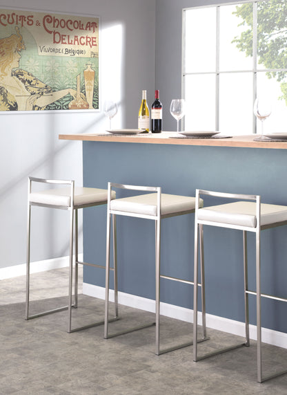 30" Contemporary Stackable Barstool in Stainless Steel with White Faux Leather  - Set of 3
