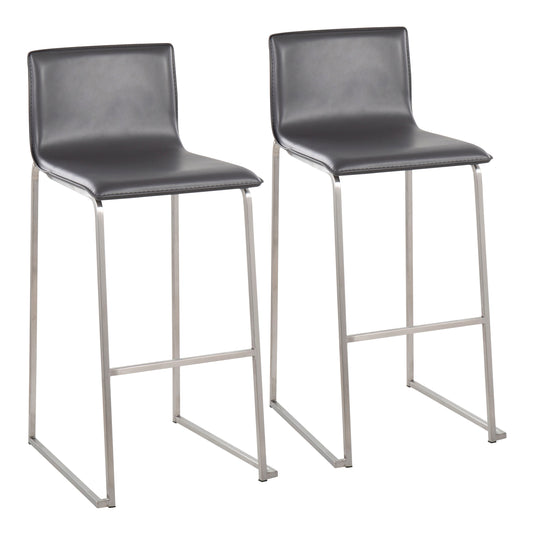 Contemporary Barstool in Stainless Steel and Grey Faux Leather  - Set of 2
