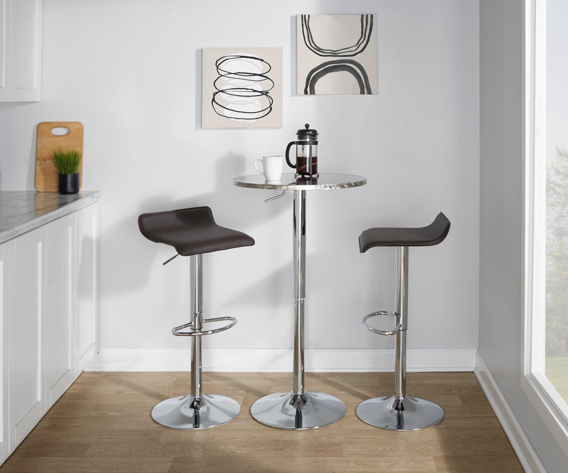 Contemporary Adjustable Barstool in Brown PU Leather  - Set of 2