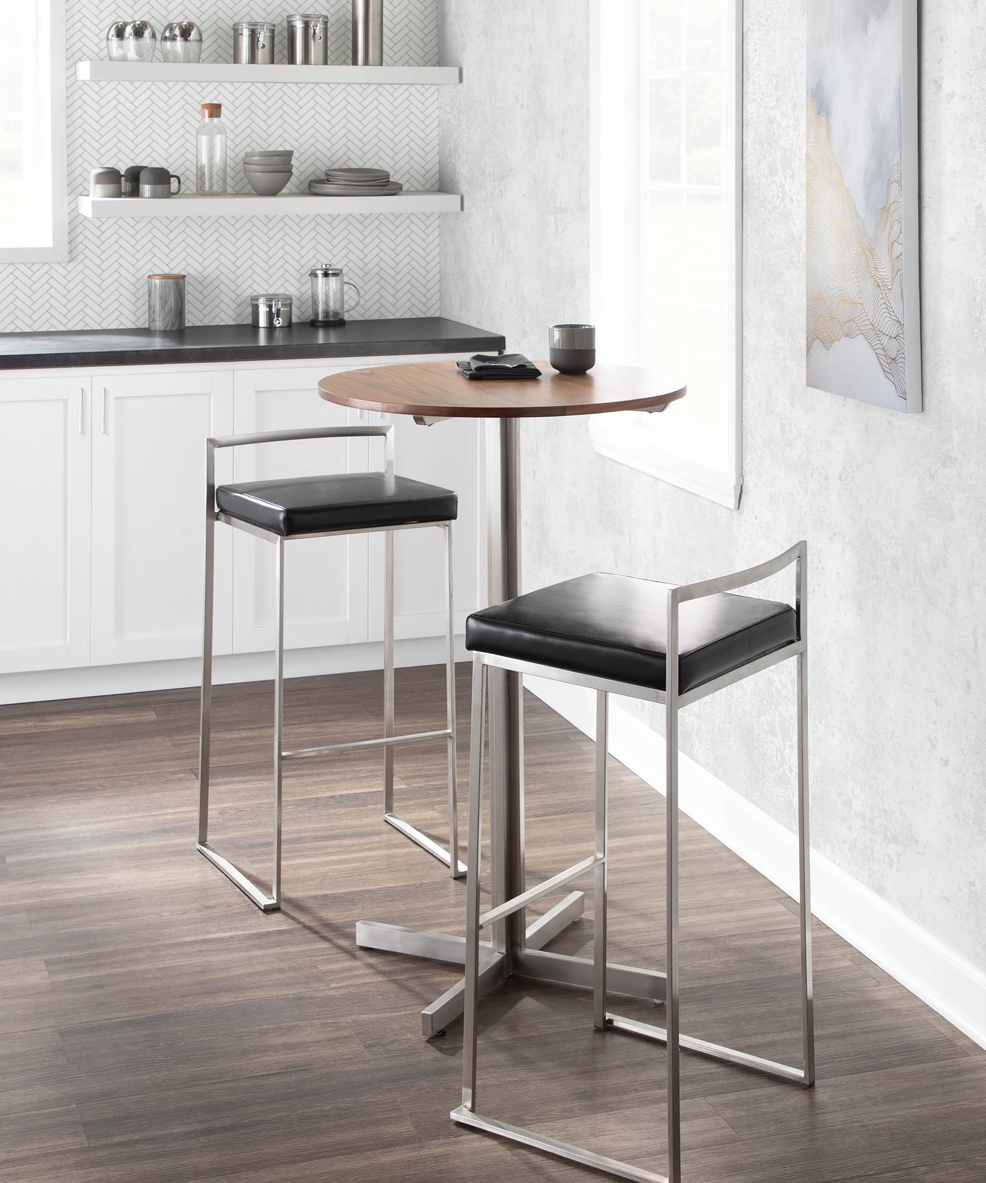 Contemporary Stackable Barstool with Black Faux Leather  - Set of 2