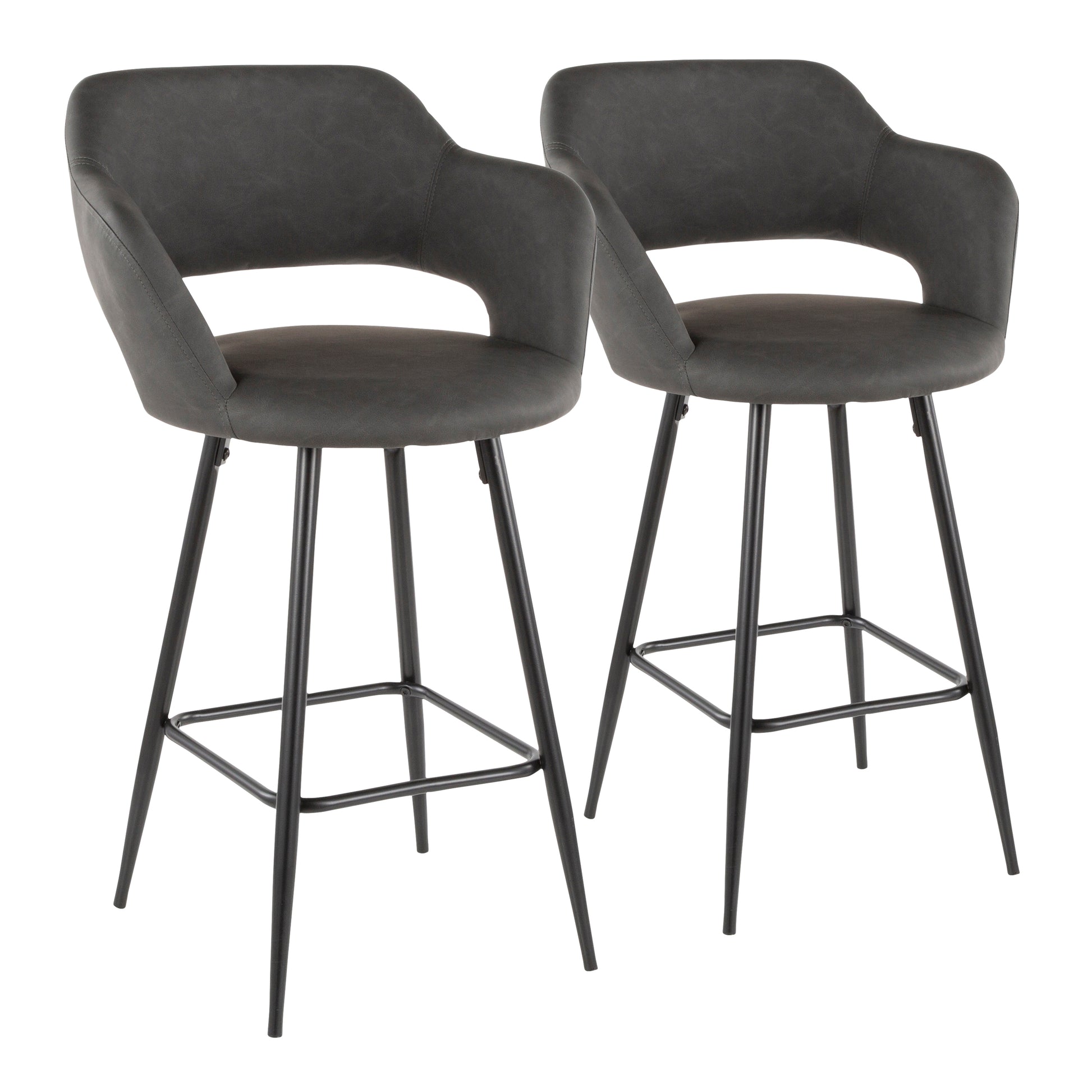 Contemporary Counter Stool in Black Metal and Grey Faux Leather  - Set of 2