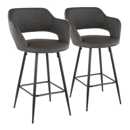 Contemporary Counter Stool in Black Metal and Grey Faux Leather  - Set of 2