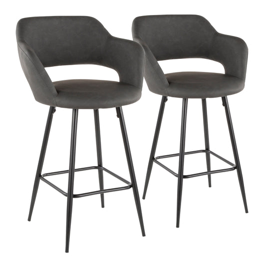 Contemporary Counter Stool in Black Metal and Grey Faux Leather  - Set of 2