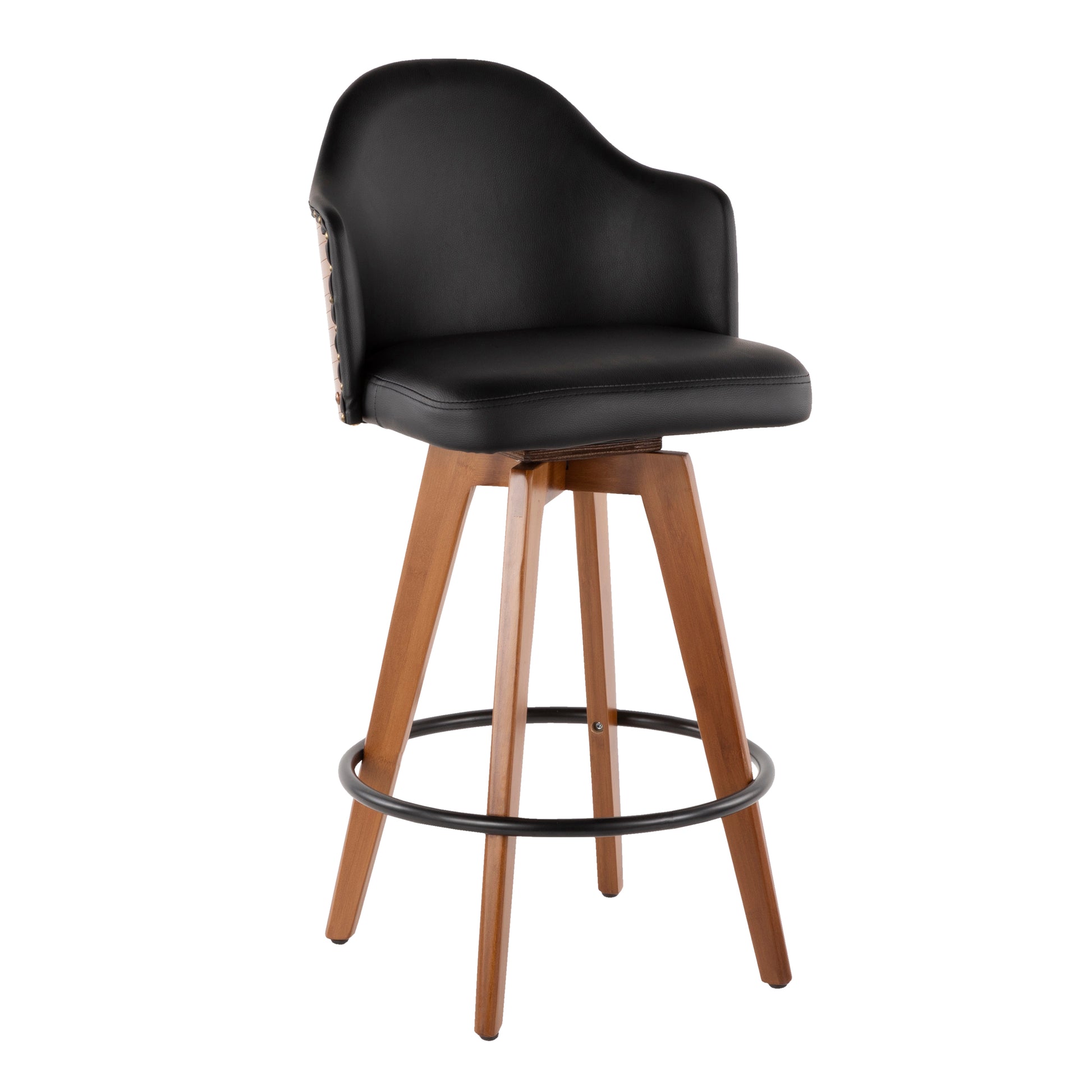 Mid-Century Counter Stool in Walnut and Black Faux Leather