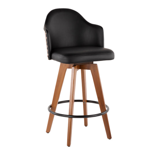 Mid-Century Counter Stool in Walnut and Black Faux Leather