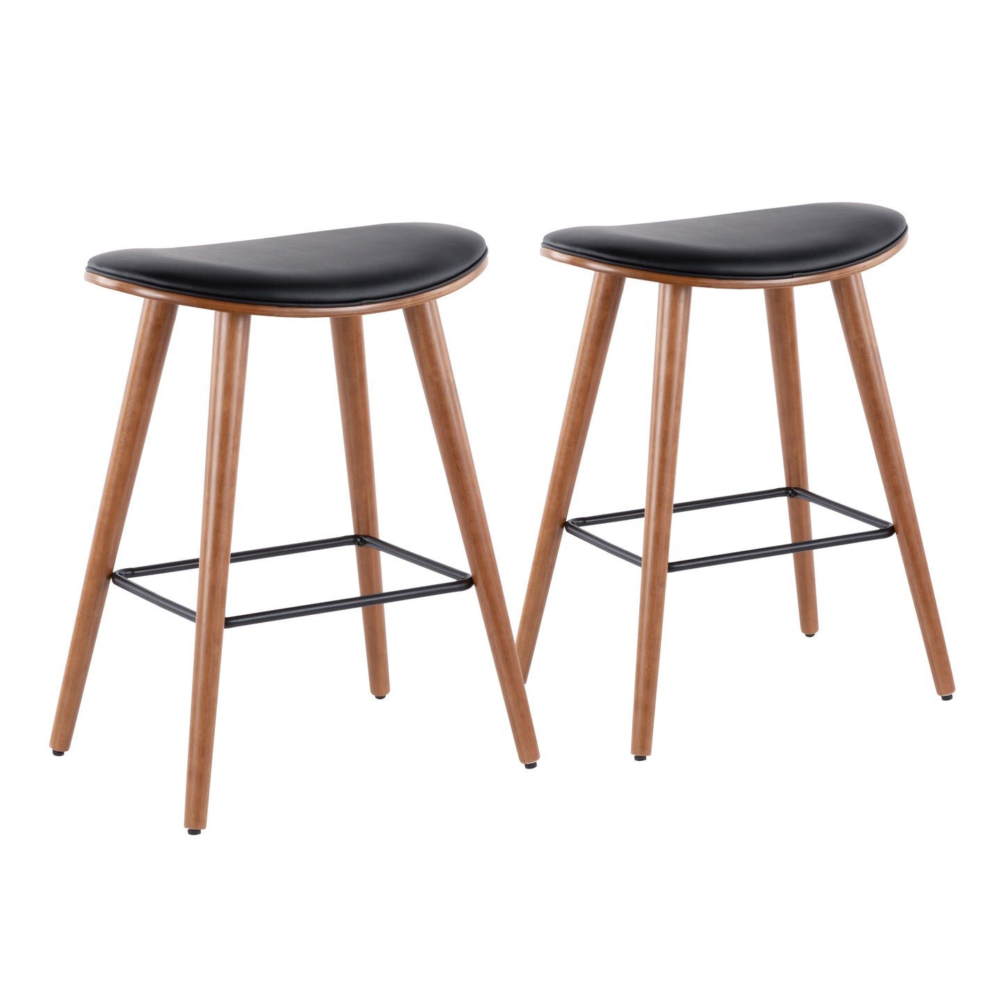 26" Mid-Century Modern Counter Stool in Walnut and Black Faux Leather  - Set of 2