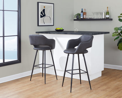 Contemporary Barstool in Black Metal and Grey Faux Leather  - Set of 2