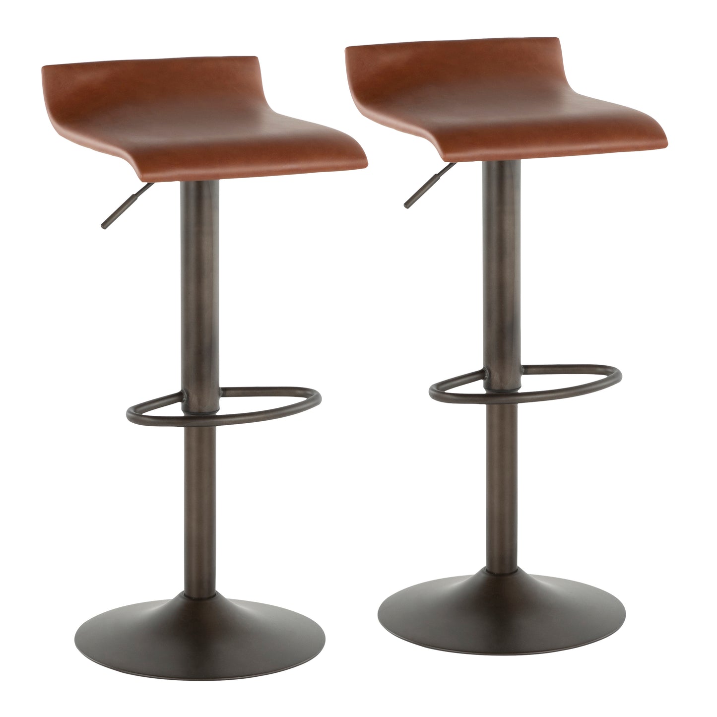 Barstool in Antique Metal and Brown Faux Leather  - Set of 2
