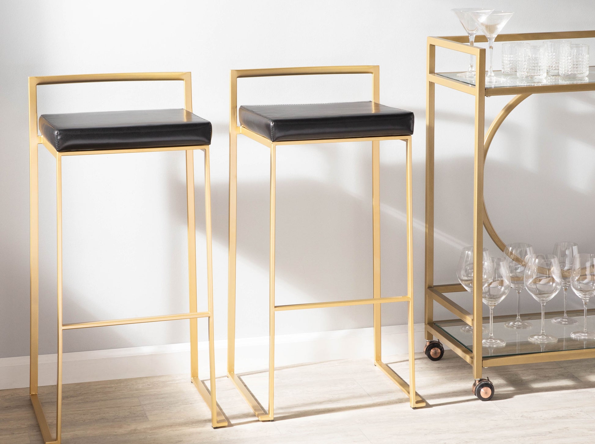 Contemporary- Barstool in Gold with Black Faux Leather  - Set of 2