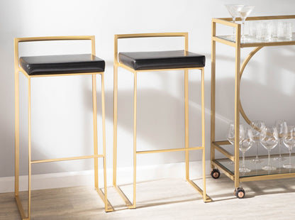 Contemporary- Barstool in Gold with Black Faux Leather  - Set of 2