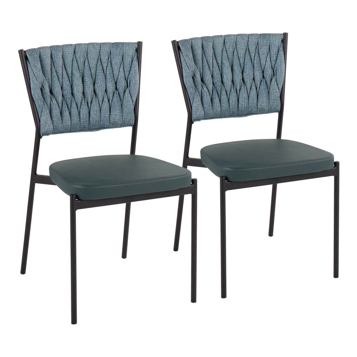 Contemporary Chair in Black Metal, Green Faux Leather, and Sea Green Fabric  - Set of 2
