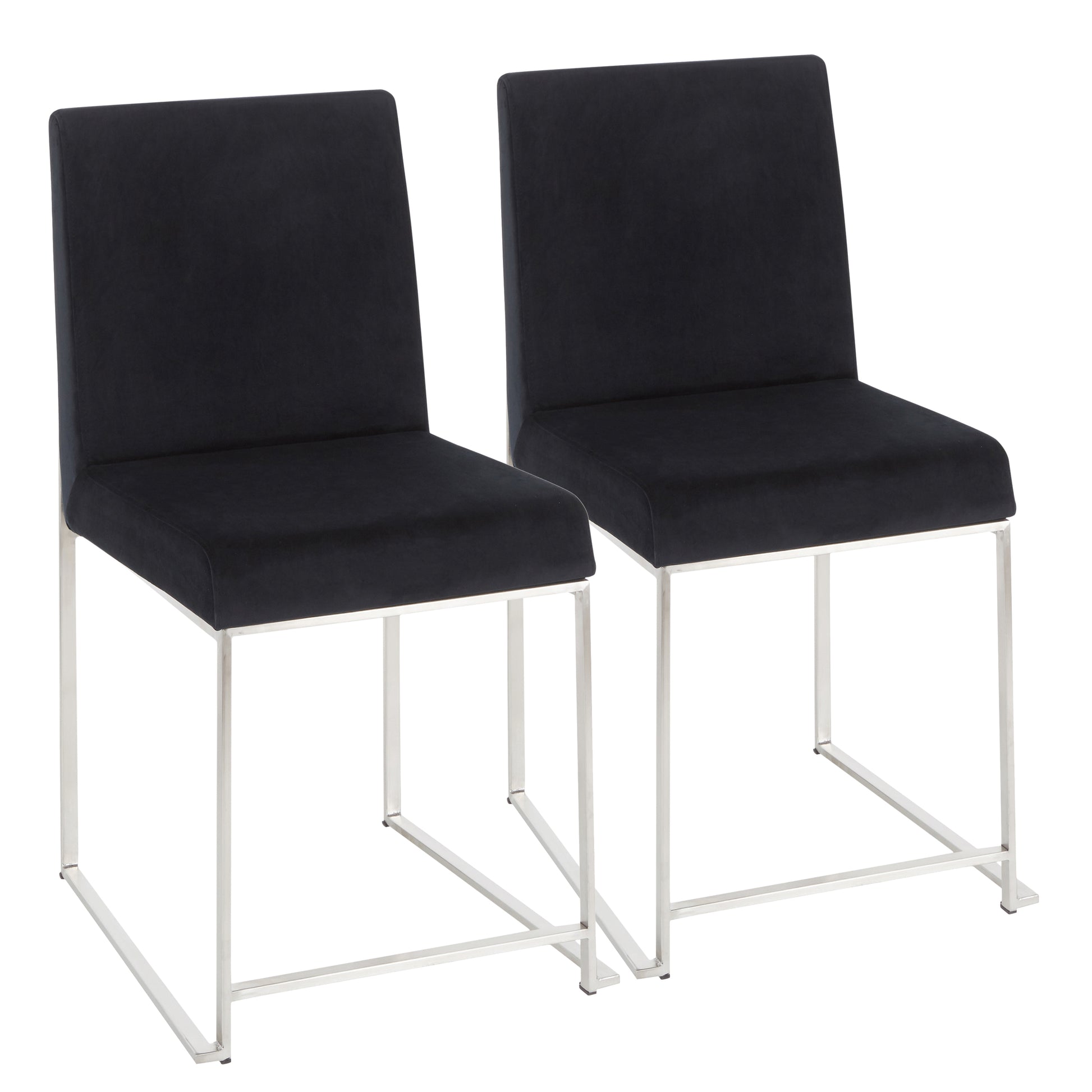 High Back  Contemporary Dining Chair in Stainless Steel and Black Velvet  - Set of 2