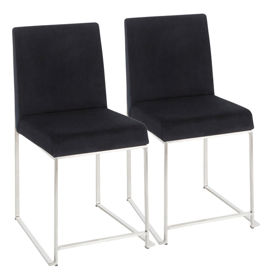 High Back  Contemporary Dining Chair in Stainless Steel and Black Velvet  - Set of 2