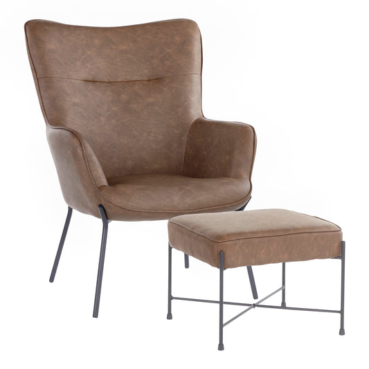 Izzy Lounge Chair and Ottoman Set in Black Metal and Espresso Faux Leather