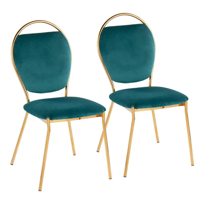 Contemporay Dining Chair in Gold Metal and Green Velvet  - Set of 2