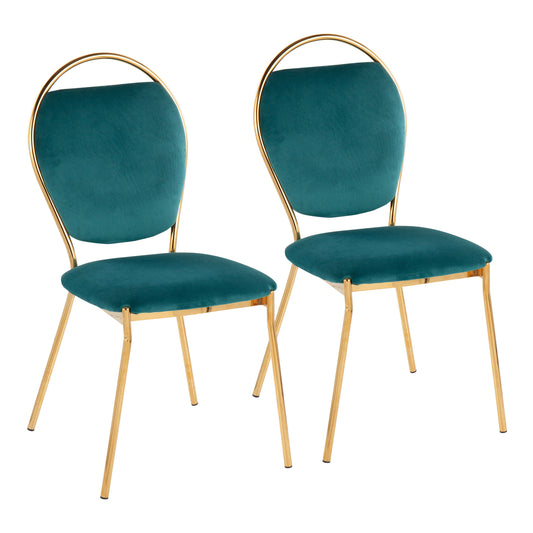 Contemporay Dining Chair in Gold Metal and Green Velvet  - Set of 2