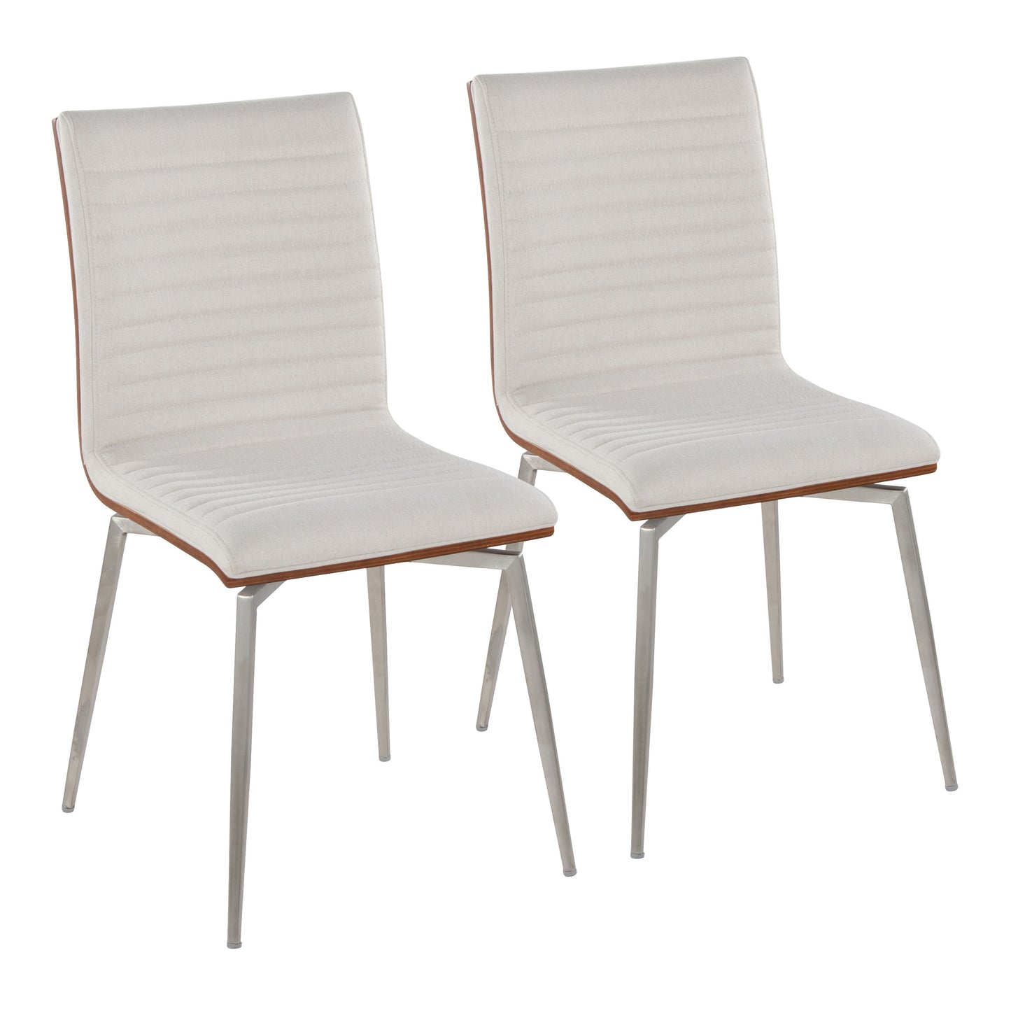 Contemporary Dining/Accent Chair with Swivel in Stainless Steel, Walnut Wood, and Cream Fabric  - Set of 2