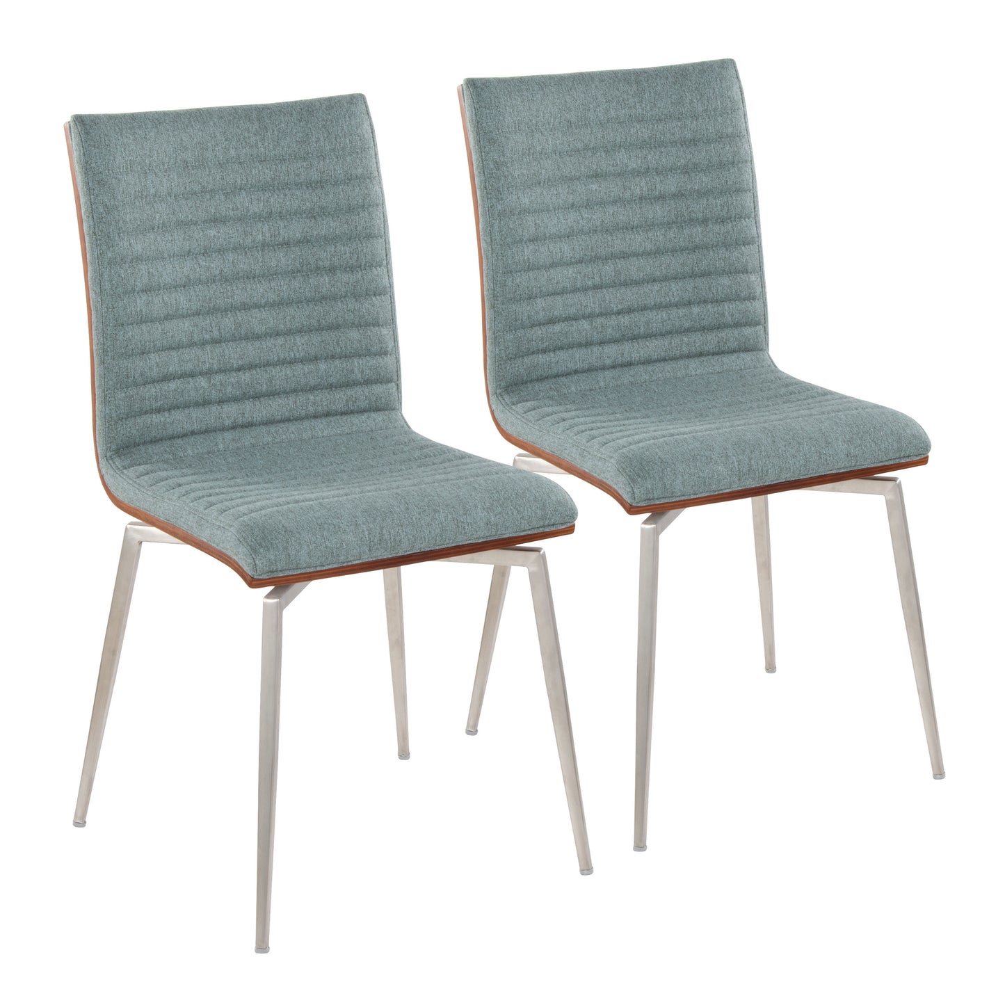 Contemporary Dining/Accent Chair with Swivel in Stainless Steel, Walnut Wood, and Green Fabric  - Set of 2