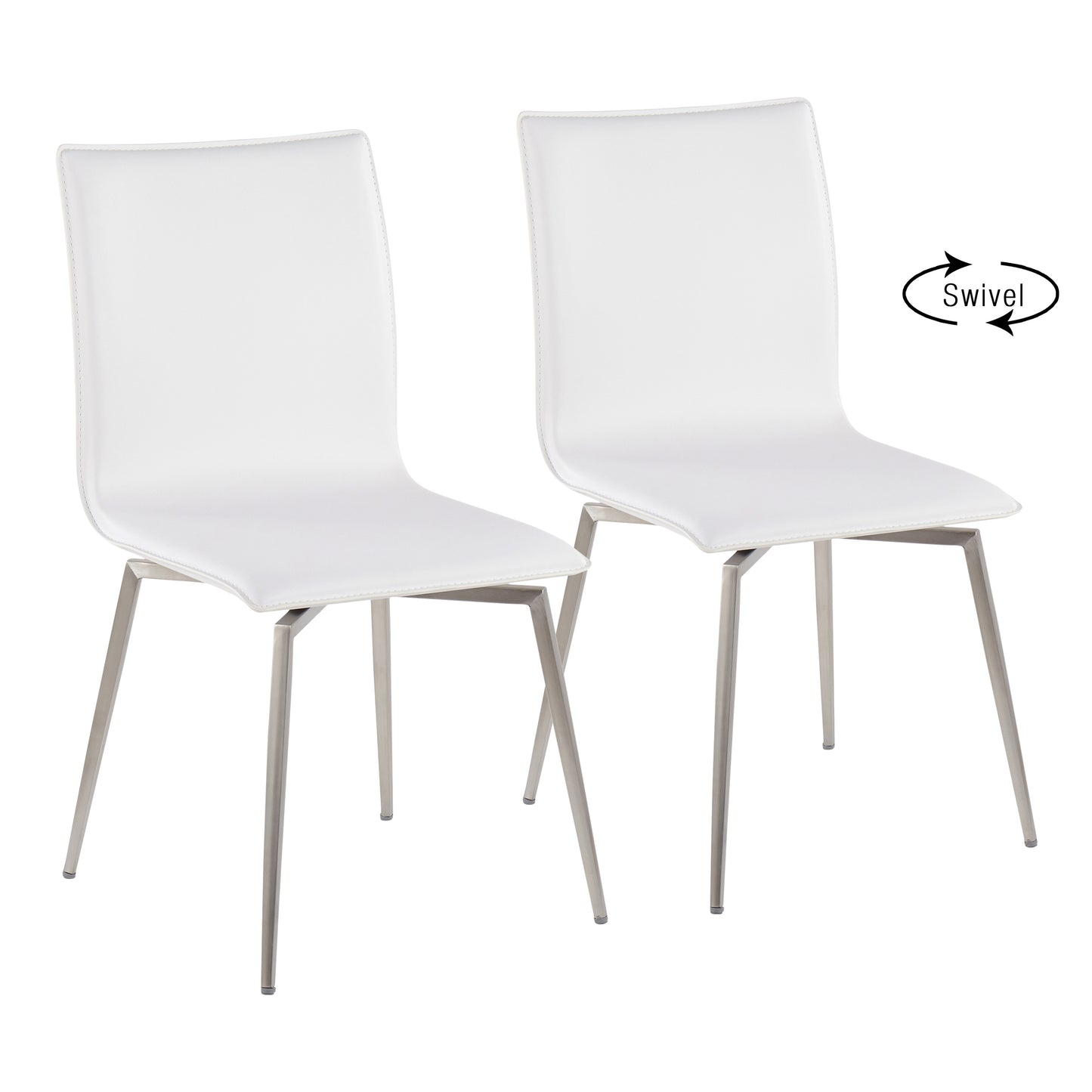 Contemporary Upholstered Chair in Brushed Stainless Steel and White Faux Leather  - Set of 2