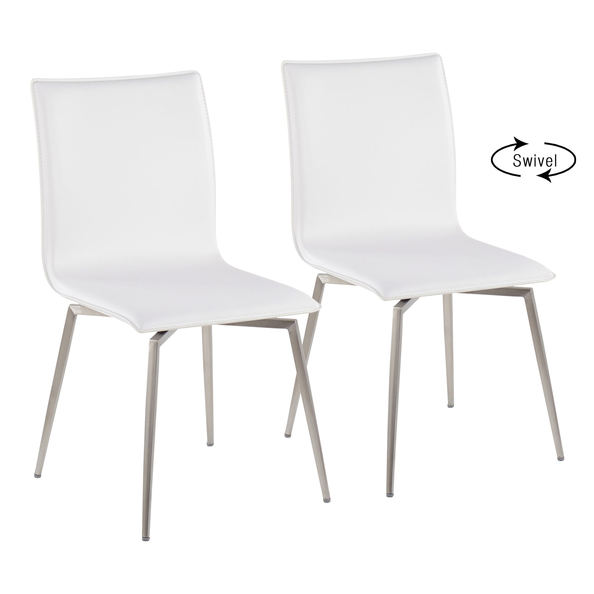 Contemporary Upholstered Chair in Brushed Stainless Steel and White Faux Leather  - Set of 2