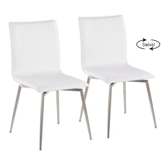 Contemporary Upholstered Chair in Brushed Stainless Steel and White Faux Leather  - Set of 2