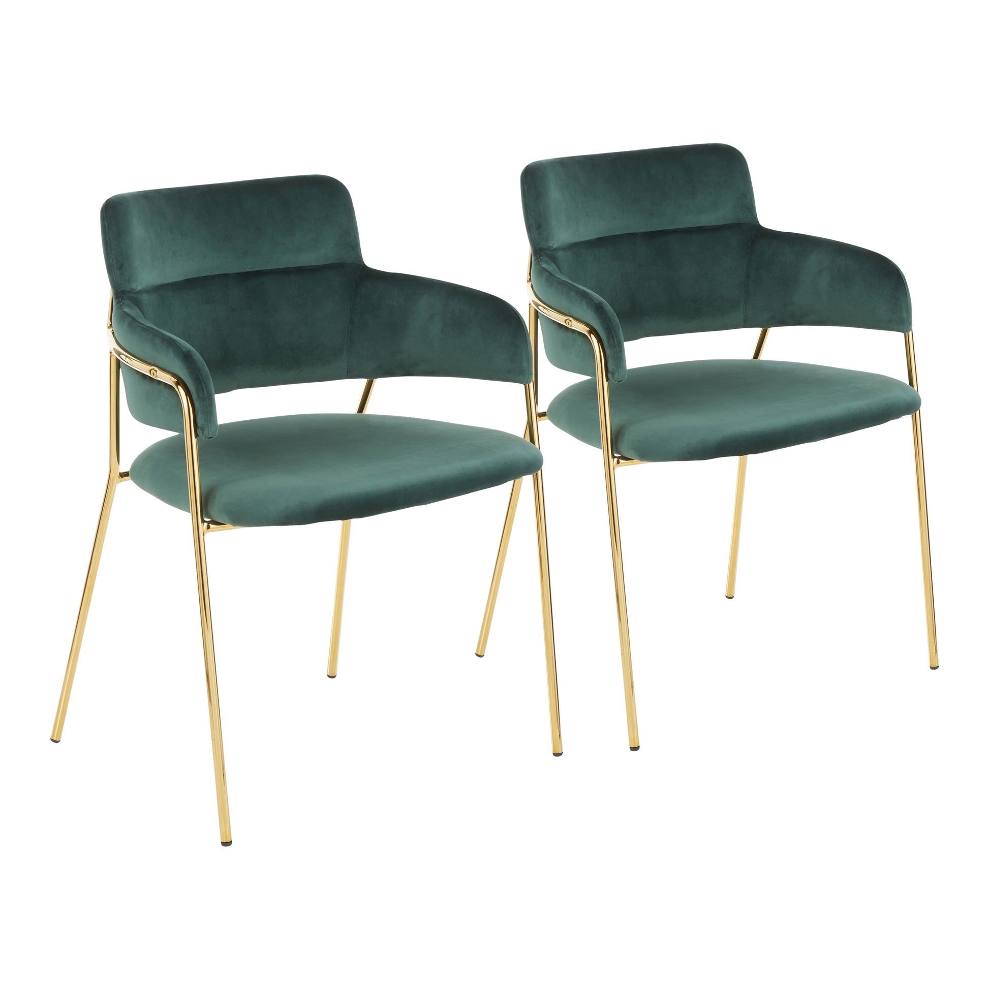 Contemporary Chair in Gold Metal and Emerald Green Velvet  - Set of 2