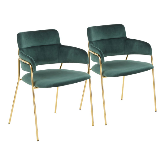 Contemporary Chair in Gold Metal and Emerald Green Velvet  - Set of 2