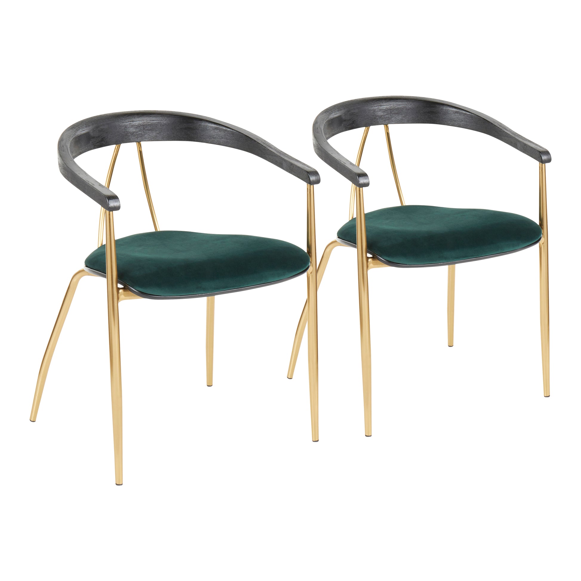 Contemporary Chair in Gold Metal and Green Velvet with Black Wood Accent  - Set of 2