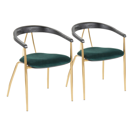 Contemporary Chair in Gold Metal and Green Velvet with Black Wood Accent  - Set of 2
