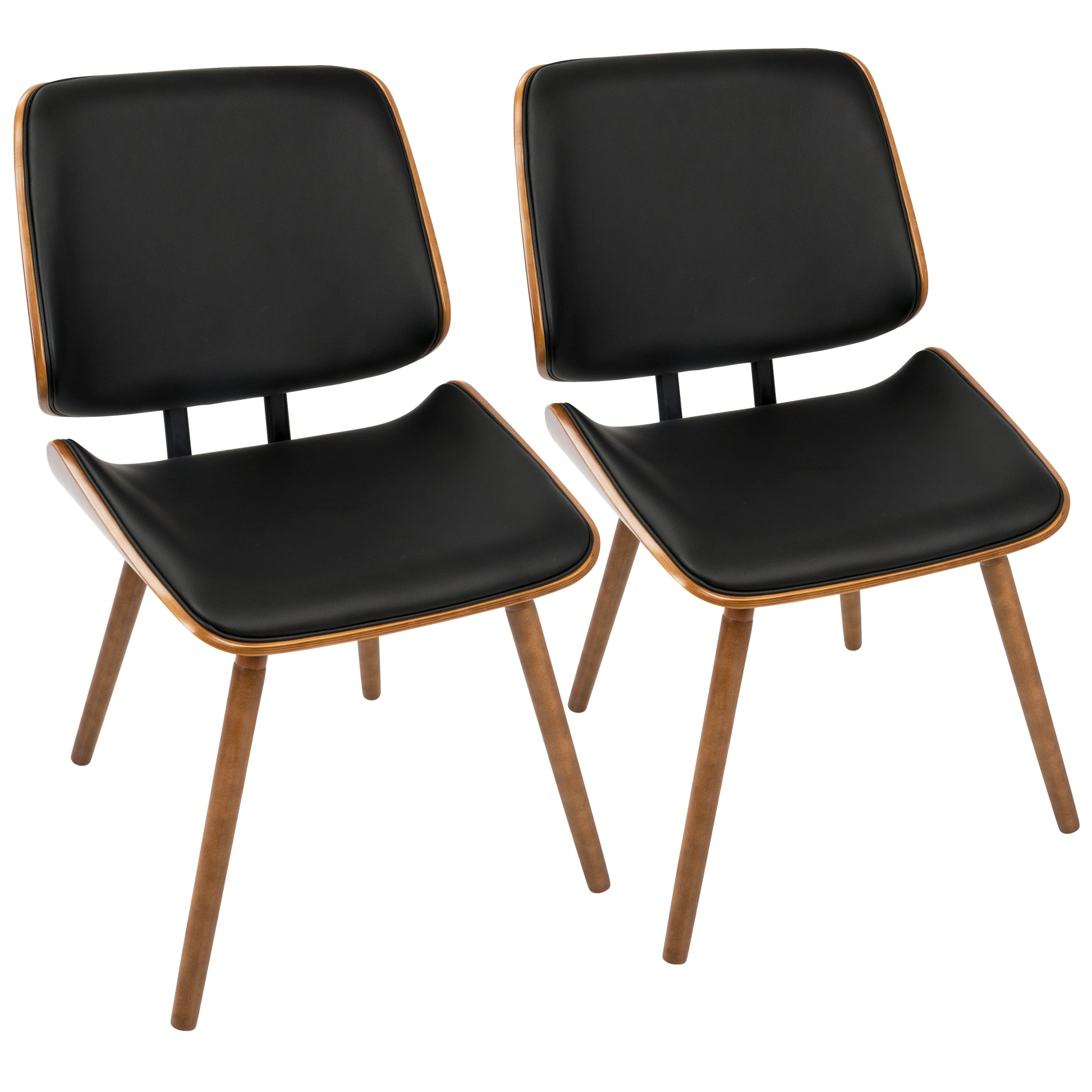 Mid-Century Modern Dining/Accent Chair in Walnut with Black Faux Leather  - Set of 2