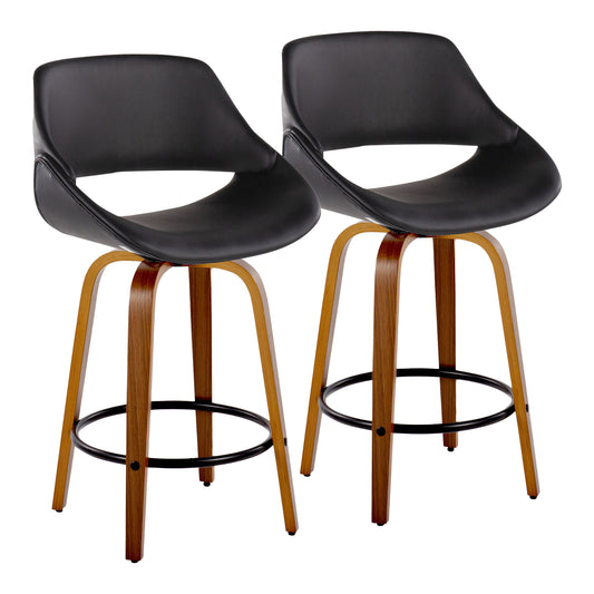Mid-Century Modern Fixed-Height Counter Stool in Walnut Wood with Round Black Footrest and Black Faux Leather  - Set of 2