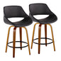 Mid-Century Modern Fixed-Height Counter Stool in Walnut Wood with Round Black Footrest and Black Faux Leather  - Set of 2