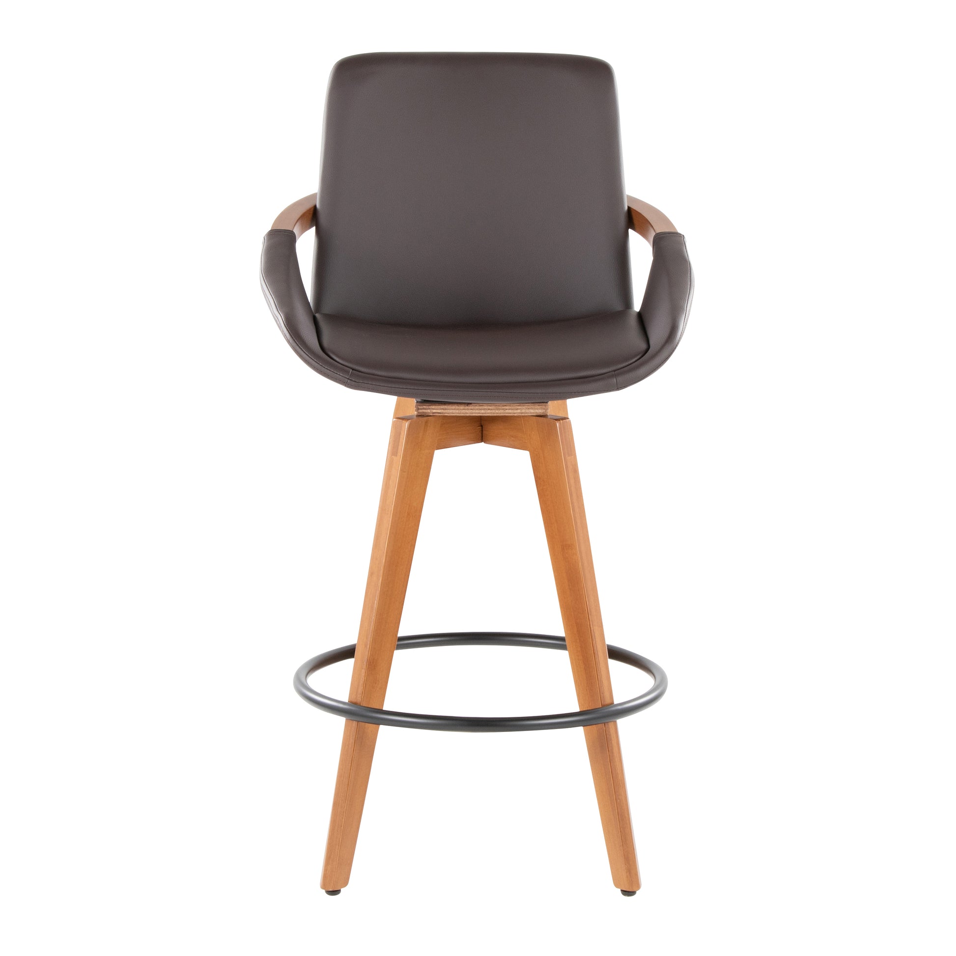 Fixed-Height Counter Stool with Swivel in Walnut Bamboo and Brown Faux Leather with Round Black Metal Footrest