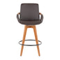 Fixed-Height Counter Stool with Swivel in Walnut Bamboo and Brown Faux Leather with Round Black Metal Footrest