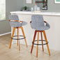 29" Fixed-Height Barstool with Swivel in Walnut Bamboo and Grey Noise Fabric with Round Black Metal Footrest