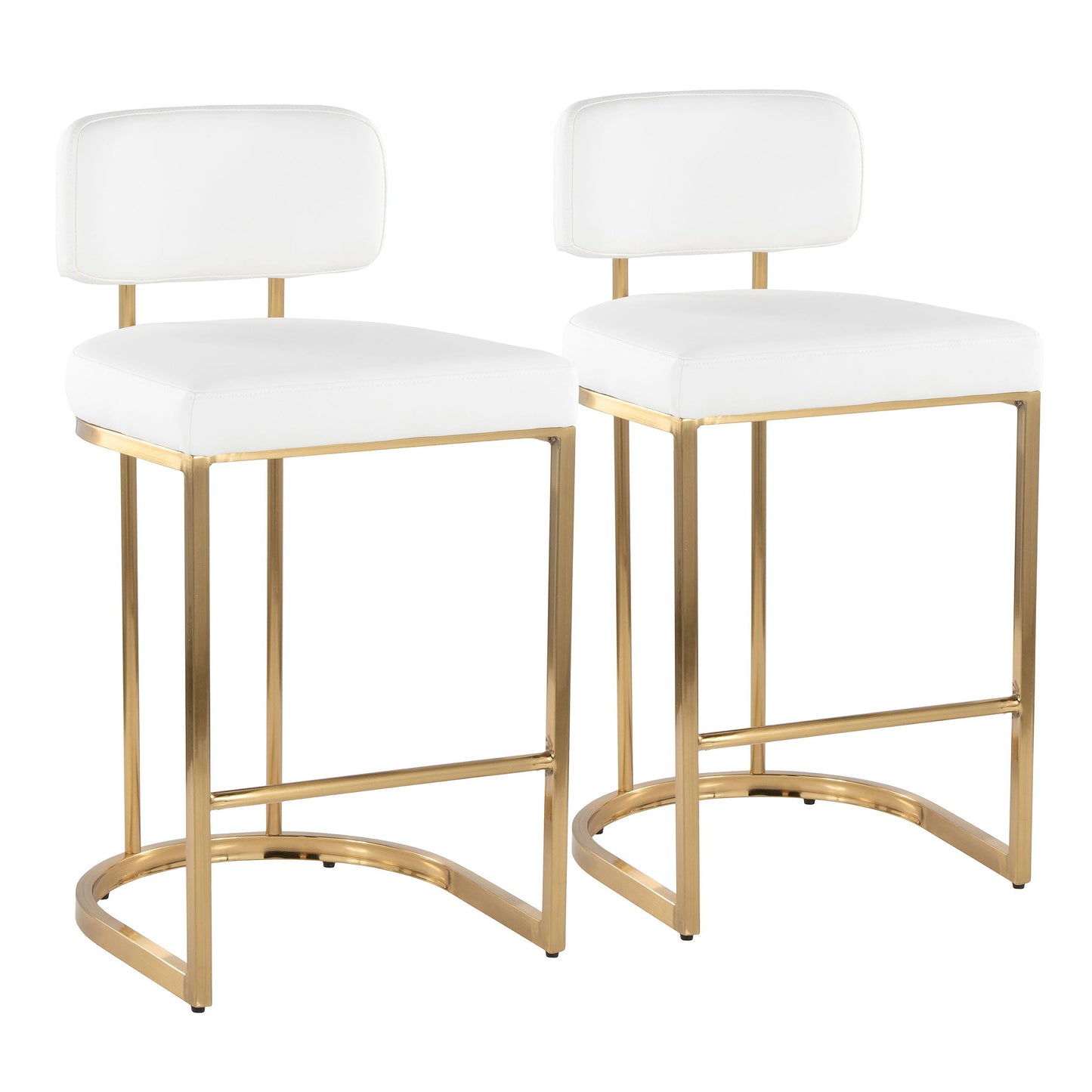 Fixed-Height Counter Stool in Gold Metal and White Faux Leather - Set of 2