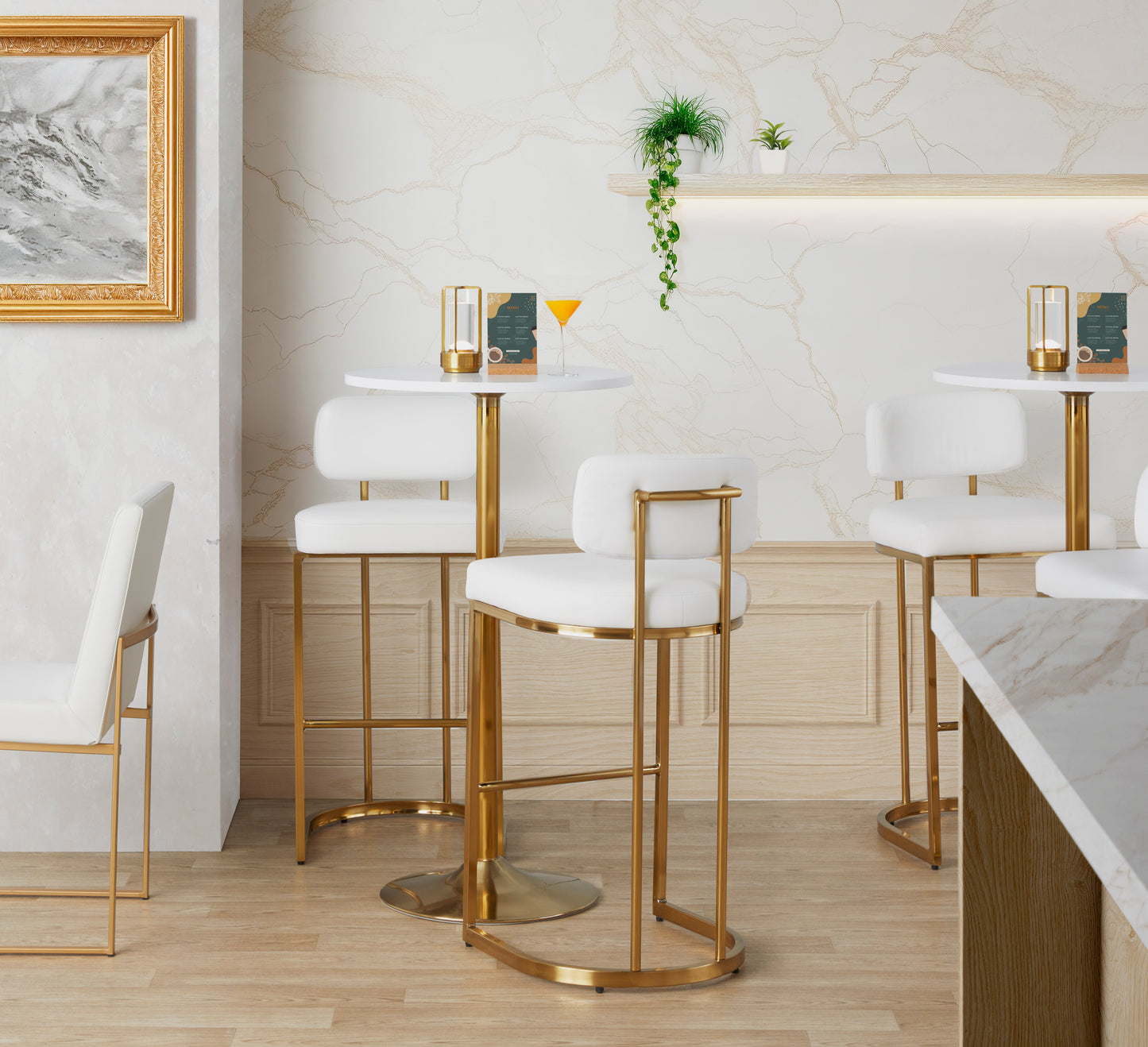 Fixed-Height Barstool in Gold Metal and White Faux Leather - Set of 2