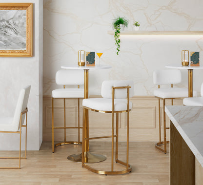 Fixed-Height Barstool in Gold Metal and White Faux Leather - Set of 2