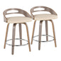 24" Mid-Century Modern Fixed-Height Counter Stool with Swivel in Light Grey Wood and Cream Faux Leather with Round Chrome Metal Footrest  - Set of 2