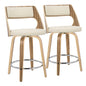 24" Mid-Century Modern Fixed-Height Counter Stool with Swivel in Zebra Wood and Cream Faux Leather with Round Chrome Footrest  - Set of 2