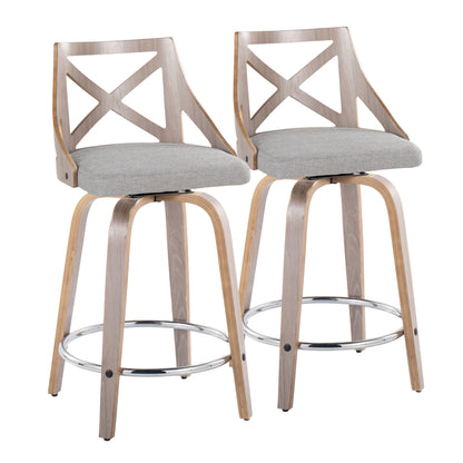 24" Fixed-Height Counter Stool with Swivel in Light Grey Wood and Grey Fabric with Round Chrome Metal Footrest  - Set of 2