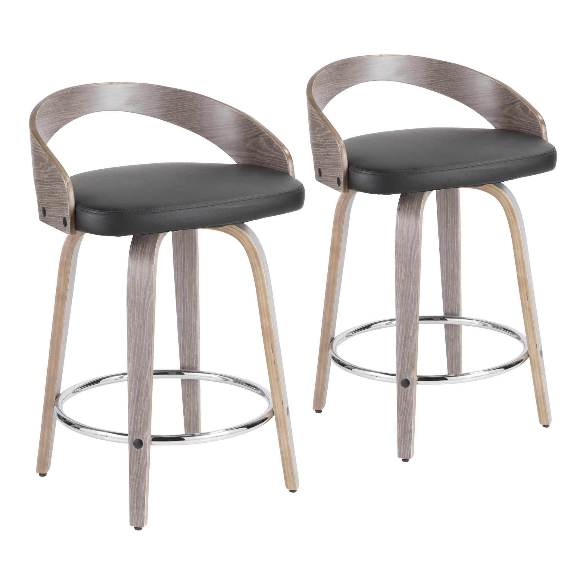 25" Mid-Century Modern Fixed Height Counter Stool with Swivel in Light Grey Wood and Black Faux Leather  - Set of 2