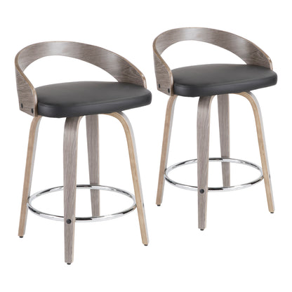25" Mid-Century Modern Fixed Height Counter Stool with Swivel in Light Grey Wood and Black Faux Leather  - Set of 2