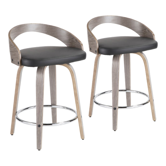 25" Mid-Century Modern Fixed Height Counter Stool with Swivel in Light Grey Wood and Black Faux Leather  - Set of 2