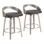 25" Mid-Century Modern Fixed Height Counter Stool with Swivel in Light Grey Wood and Black Faux Leather  - Set of 2